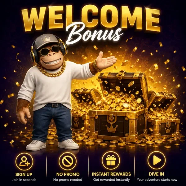 BonusKong gestures toward treasure chests bursting with welcome bonus coins after login