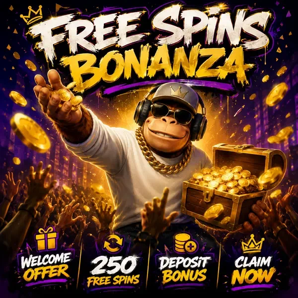 BonusKong tossing free spins coins to excited crowd at Welcome Free Spins and Popular BonusKong Slots