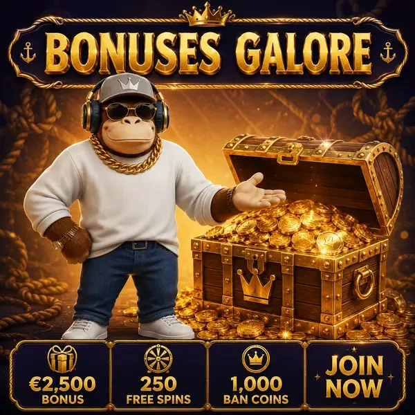 BonusKong presenting treasure chest overflowing with golden bonus coins and promotional rewards