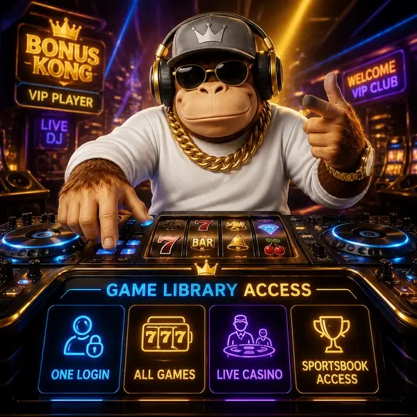 BonusKong DJ gorilla at vibrant console accessing game library after login at Dashboard