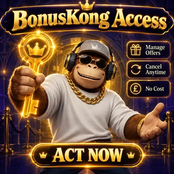 BonusKong character proudly holding golden promo code key at exclusive vault entrance