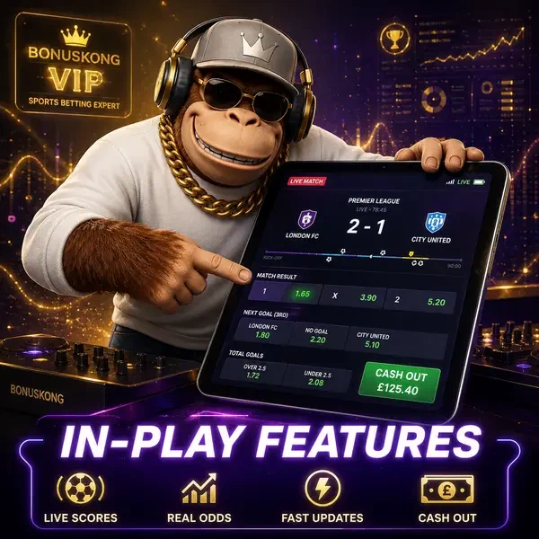 BonusKong tracking live sports betting odds on glowing tablet at neon stadium