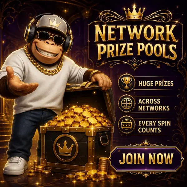 BonusKong presenting massive bonus treasure chest overflowing with golden network prize coins