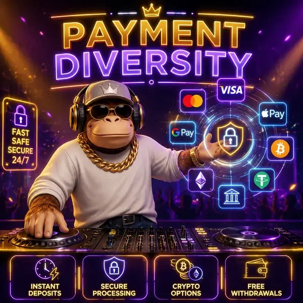 BonusKong DJing at neon club booth with secure payment methods floating holographically around him