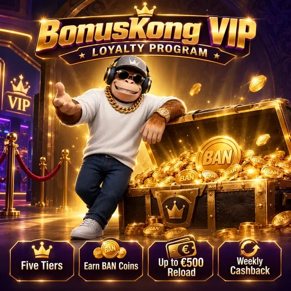 BonusKong se para confiadamente junto a cofre del tesoro mostrando recompensas VIP y beneficios de lealtad