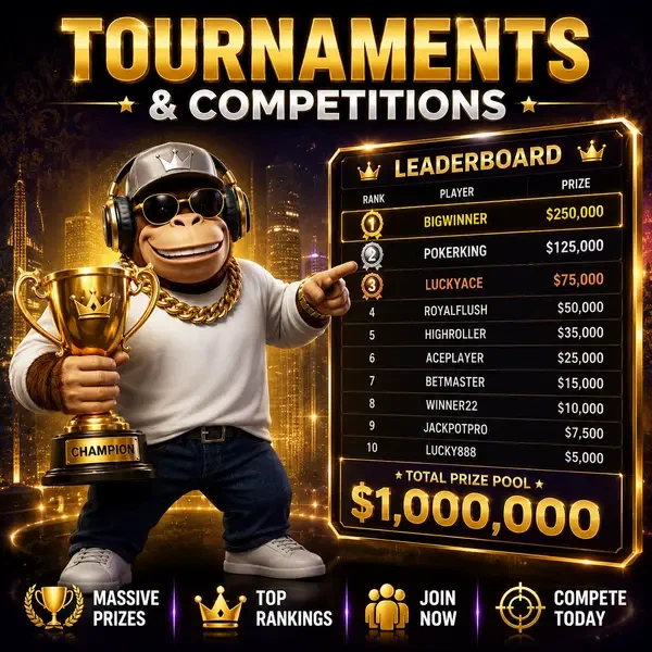 BonusKong señalando tabla de clasificación de torneo con pozos de premios masivos mostrados