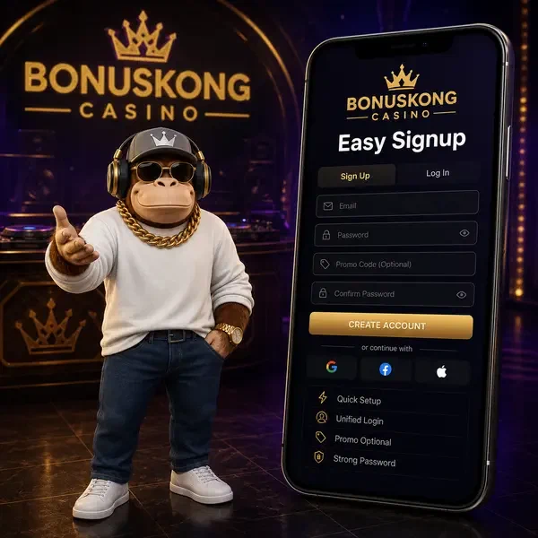 BonusKong gesturing toward smartphone showing easy signup at BonusKong registration portal