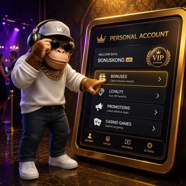 BonusKong confident player managing personal account dashboard with bonus rewards