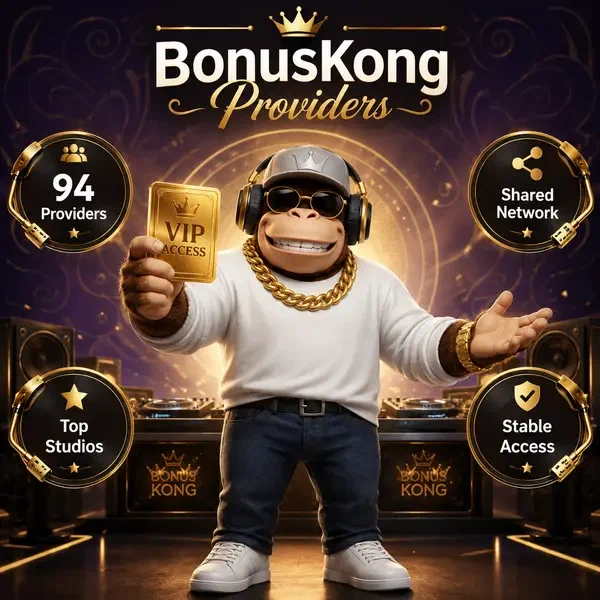 BonusKong stands proudly displaying premium software providers with golden access card
